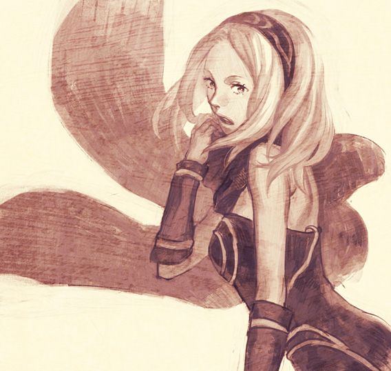 gravity_daze, hairband, kitten_(gravity_daze), monochrome, r_inami, scarf