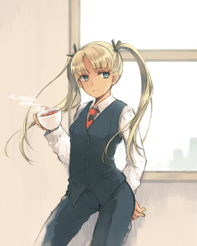 00s, 1girl, blonde_hair, blue_eyes, business_suit, cup, formal, gunslinger_girl