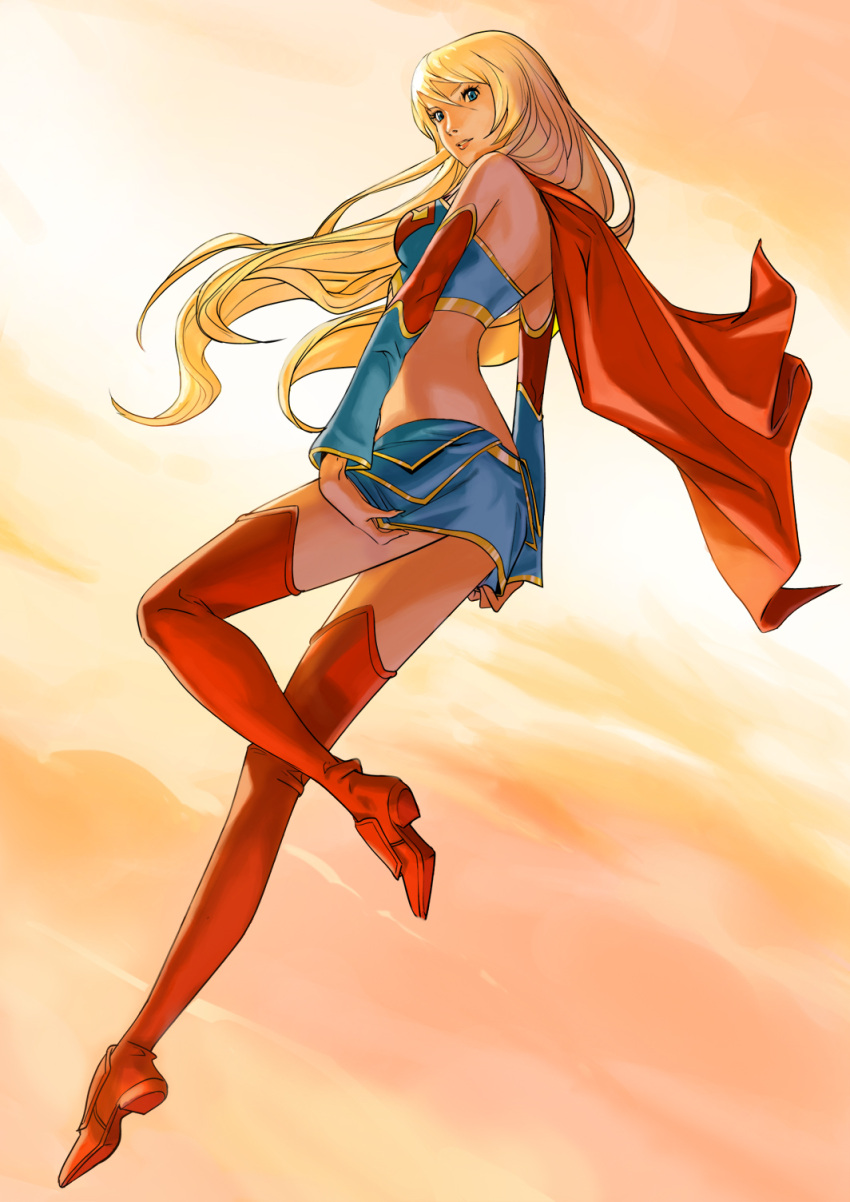 1girl, ame-comi, ass, blonde_hair, blue_eyes, blue_skirt, boots, cape