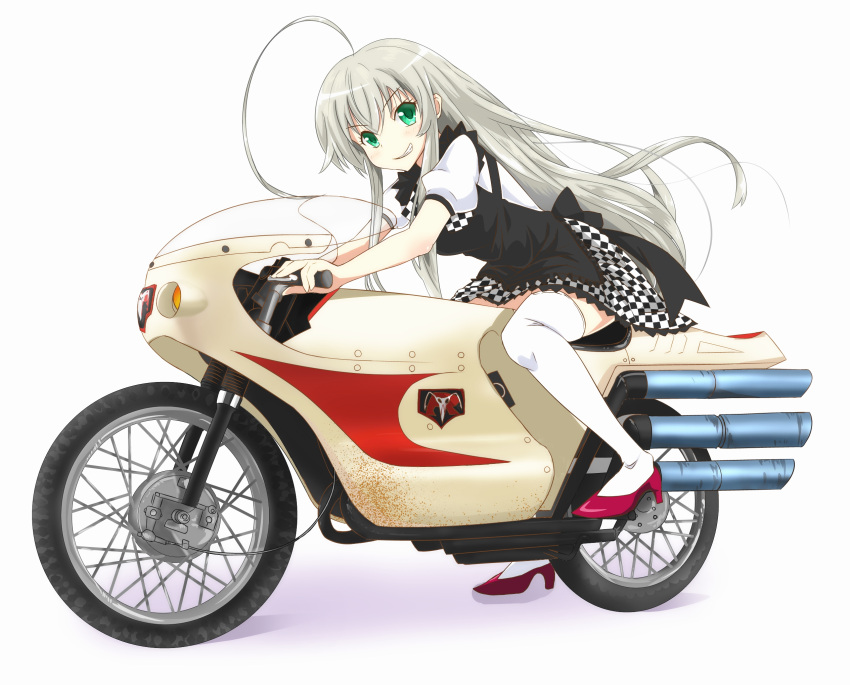 1girl, ahoge, ameyoshi, checkered, cyclone_(kamen_rider), green_eyes, ground_vehicle, haiyore!_nyaruko-san