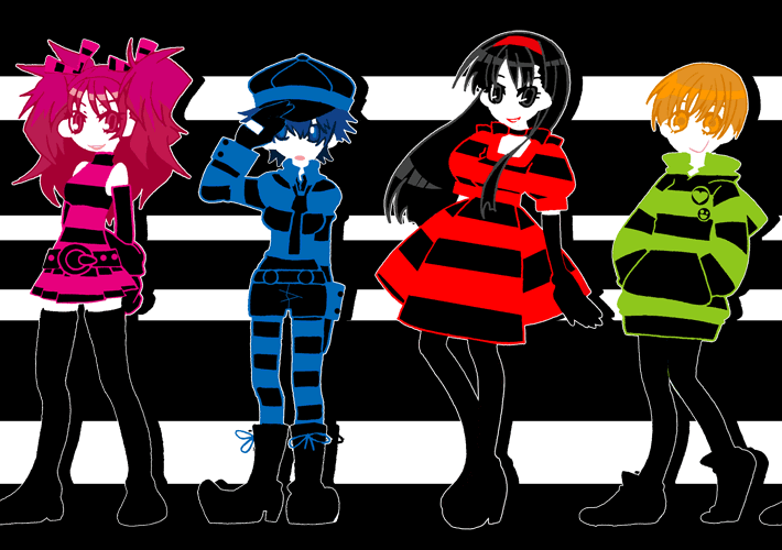 4girls, alternate_costume, amagi_yukiko, atlus, belt, black_eyes, black_hair, black_shoes