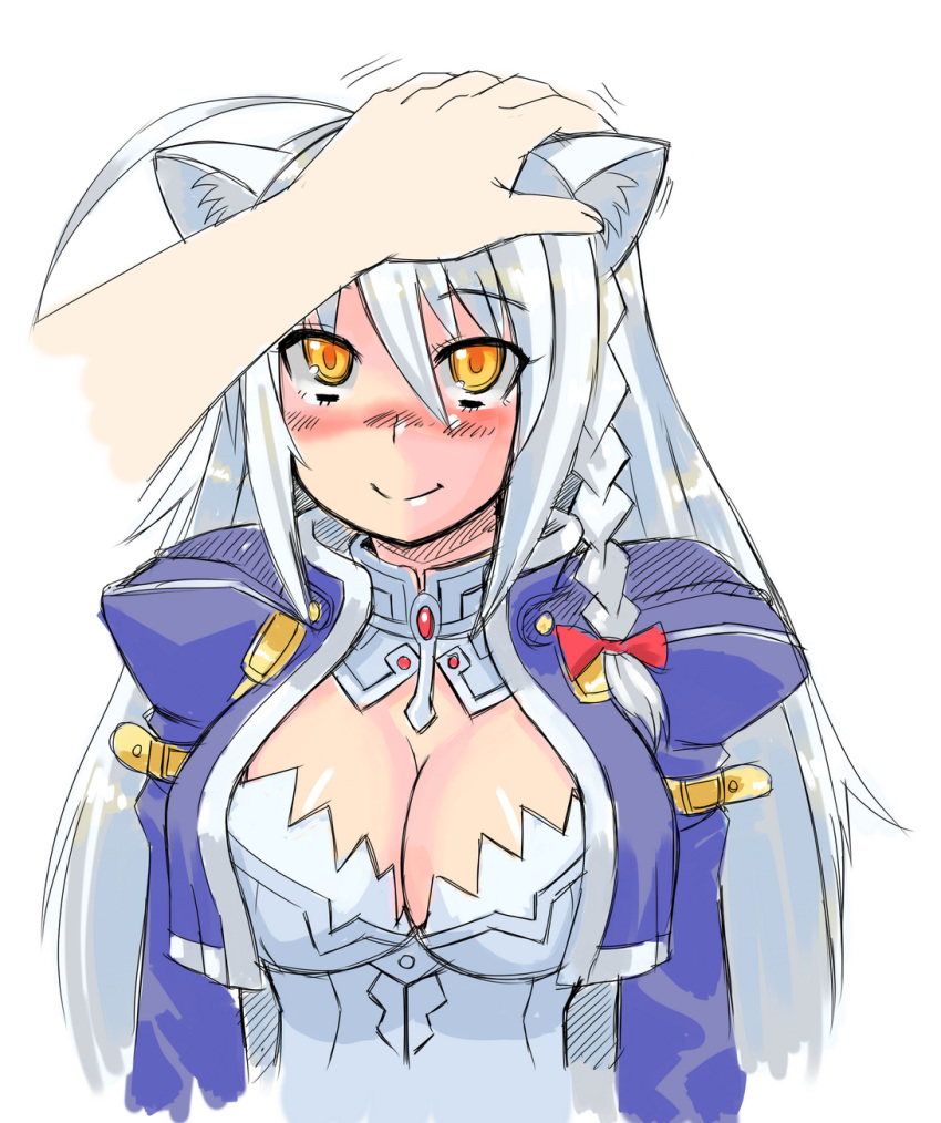 1girl, ahoge, animal_ears, braid, breasts, bustier, cat_ears, cleavage