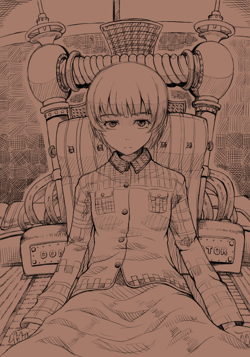 1girl, bad_id, highres, kyouma09, looking_at_viewer, machine, monochrome, original