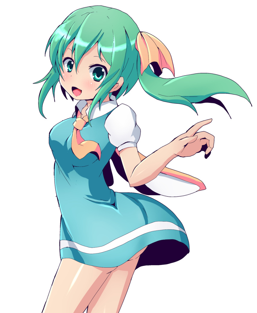 1girl, arm_up, ascot, ass, blue_dress, blush, daiyousei, dress