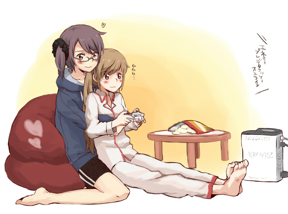 2girls, barefoot, black_eyes, blush, brown_eyes, brown_hair, chikiso, controller