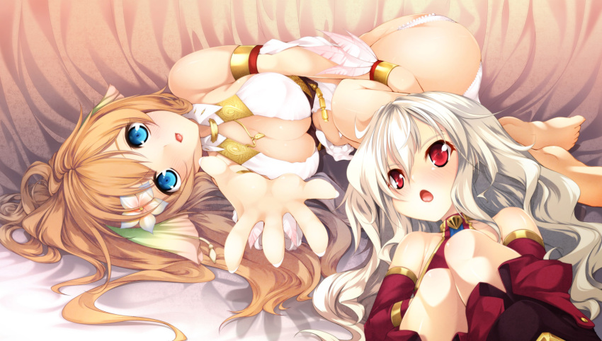2girls, bare_shoulders, barefoot, between_breasts, blue_eyes, breasts, brown_hair, cass, casty_riernoit, ciel_nosurge, cleavage, flower, gust, hair_flower, hair_ornament, highres, ionasal_kkll_preciel, itsuki_(spitbreak), jewelry, lying, multiple_girls, necklace, on_back, on_side, open_mouth, red_eyes, surge_concerto, white_hair