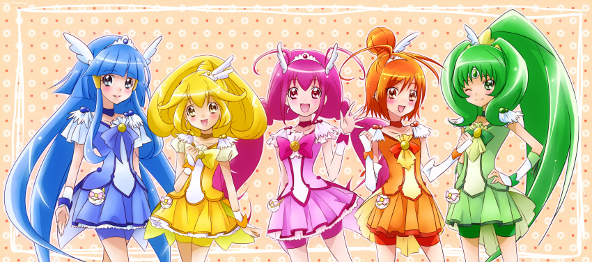 5girls, aoki_reika, bike_shorts, blonde_hair, blue_eyes, blue_hair, blush, cure_beauty, cure_happy, cure_march, cure_peace, cure_sunny, floral_background, flower, green_eyes, green_hair, hair_tubes, head_wings, highres, hino_akane_(smile_precure!), hoshizora_miyuki, kise_yayoi, long_hair, magical_girl, midorikawa_nao, multiple_girls, namizou, orange_eyes, orange_hair, pink_eyes, pink_hair, precure, smile, smile_precure!, tiara, tri_tails, twintails, wink, wrist_cuffs, yellow_eyes