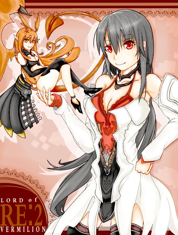 2girls, black_hair, brown_eyes, brown_hair, kikutiglasses, lord_of_vermilion, lord_of_vermillion, multiple_girls