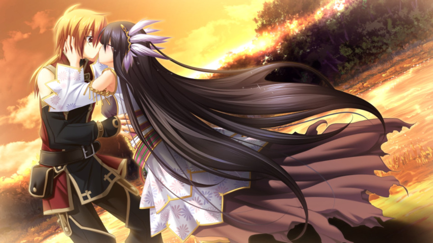 1boy, 1girl, belt, black_hair, blush, dress, game_cg, hairband, hands_on_another's_face, hatozuki_tsumiki, highres, kamidori_alchemy_meister, kiss, long_hair, tears, very_long_hair, wilfred_dion, yuela