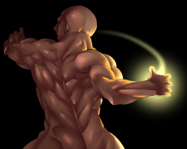 1boy, back, bald, from_behind, male_focus, muscle, nude, solo