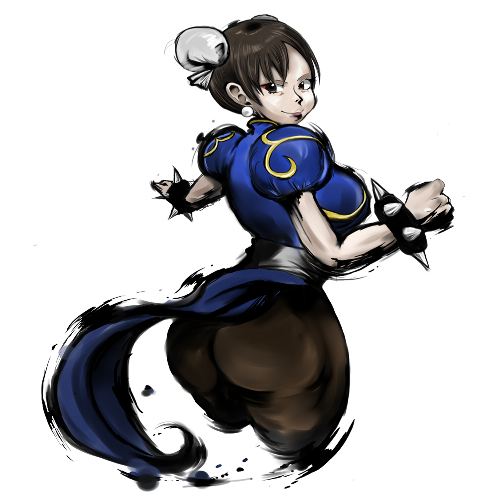 1girl, ass, bracelet, brown_eyes, brown_hair, bun_cover, capcom, china_dress, chinese_clothes, chun-li, double_bun, dress, earrings, eyeshadow, from_behind, huge_ass, ink, jacky_(artist), jewelry, makeup, marvel_vs._capcom, marvel_vs._capcom_3, pantyhose, parody, pelvic_curtain, sash, short_hair, solo, spiked_bracelet, spikes, street_fighter, street_fighter_iv, style_parody, thighs
