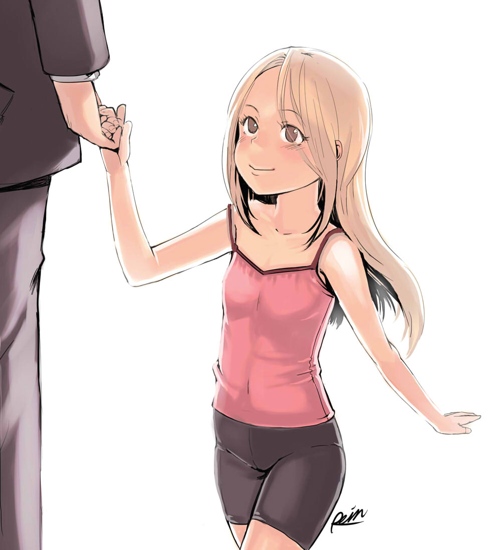 1boy, 1girl, artist_name, bike_shorts, blonde_hair, brown_eyes, child, hand_holding