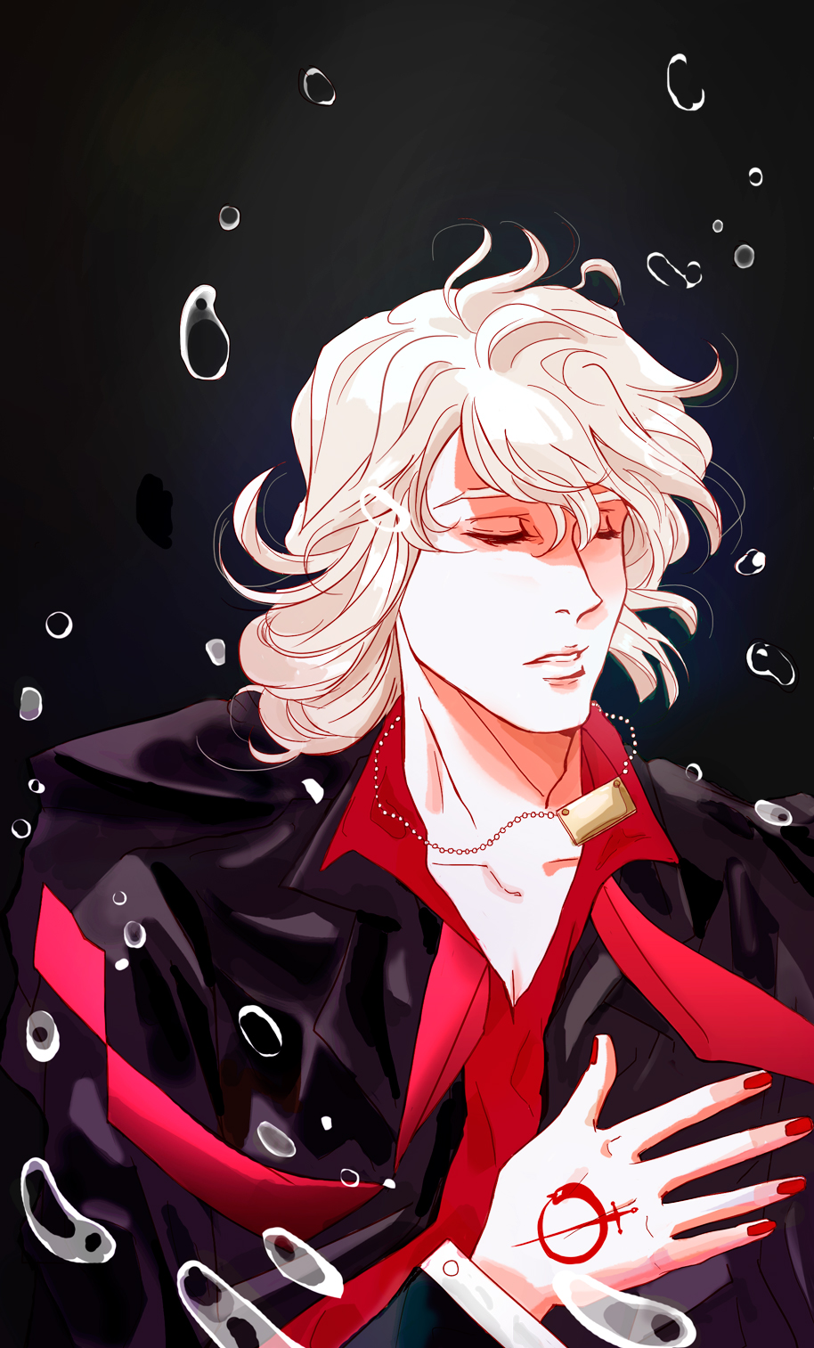 1boy, blonde_hair, bubble, closed_eyes, emptycicada, highres, jewelry, male_focus