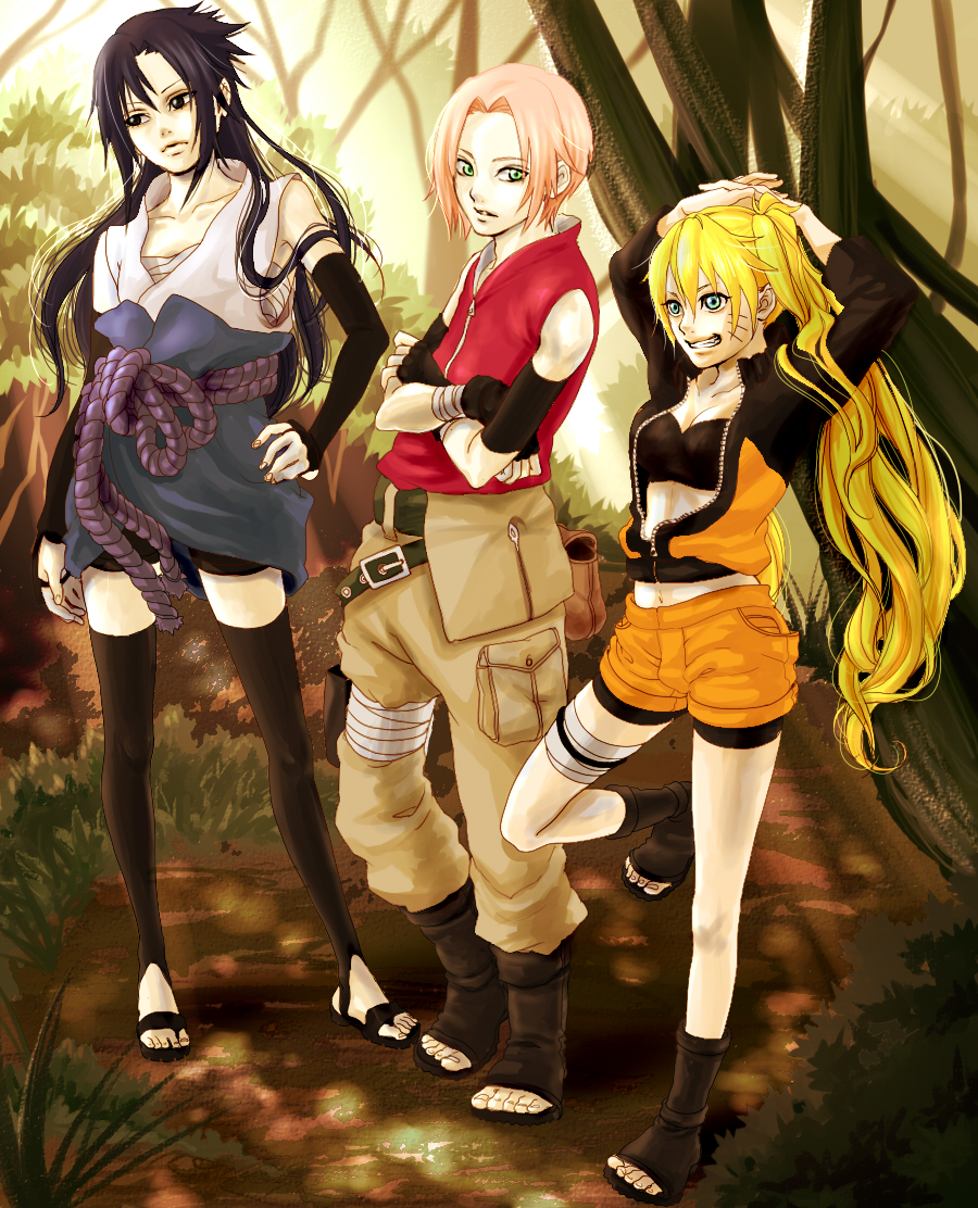 1boy, 2girls, arm_warmers, arms_up, bag, bandage, bare_shoulders, belt, black_boots, black_bra, black_eyes, black_gloves, black_hair, black_legwear, blonde_hair, blue_eyes, boots, bra, breasts, cleavage, collarbone, crossed_arms, expressionless, fingerless_gloves, fingernails, forest, funbare_haruko, genderswap, gloves, grass, green_eyes, grin, hair_between_eyes, hand_on_hip, hands_on_head, hands_on_own_head, haruko_(ya512722), haruno_sakura, hips, jacket, lingerie, long_hair, long_sleeves, looking_at_another, looking_away, looking_to_the_side, medium_breasts, multiple_girls, naruko, naruto, naruto_shippuuden, nature, navel, open_clothes, open_jacket, open_toe_shoes, overalls, pants, pink_hair, red_shirt, sandals, sarashi, shirt, shoes, short_hair, shorts, sleeveless, sleeveless_shirt, small_breasts, smile, standing, thigh-highs, thigh_strap, toes, tree, uchiha_sasuke, underwear, unzipped, uzumaki_naruto, very_long_hair, white_shirt, zipper