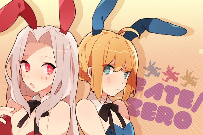 2girls, ahoge, animal_ears, bad_id, bare_shoulders, blonde_hair, blush, breasts
