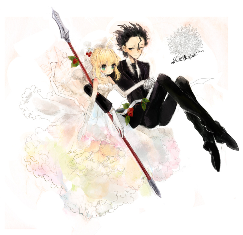 1boy, 1girl, ahoge, bare_shoulders, black_eyes, black_hair, blonde_hair, bridal_veil, bride, couple, dress, elbow_gloves, fate/zero, fate_(series), gloves, green_eyes, hand_holding, hcnsa, hetero, highres, lancer_(fate/zero), polearm, saber, spear, tuxedo, veil, weapon, wedding_dress, white_gloves