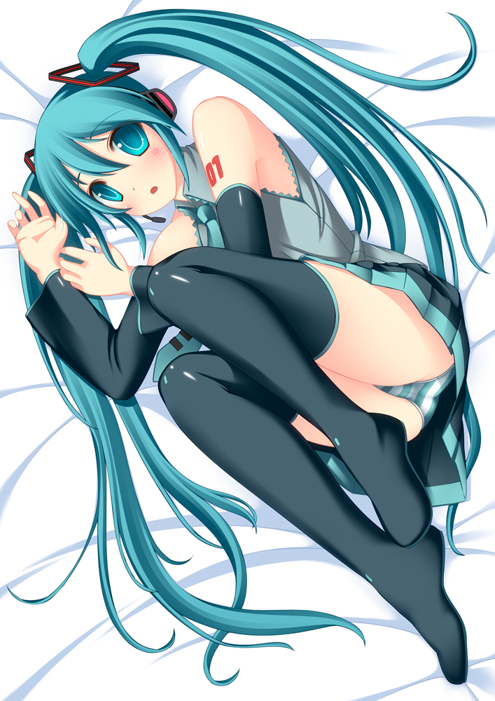 1girl, aqua_eyes, aqua_hair, bare_shoulders, black_legwear, detached_sleeves, hatsune_miku, headset