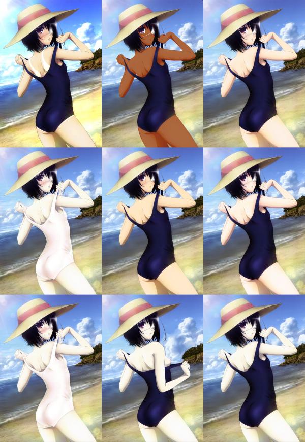 1girl, alternate_color, another, bare_shoulders, beach, black_hair, blush, breasts