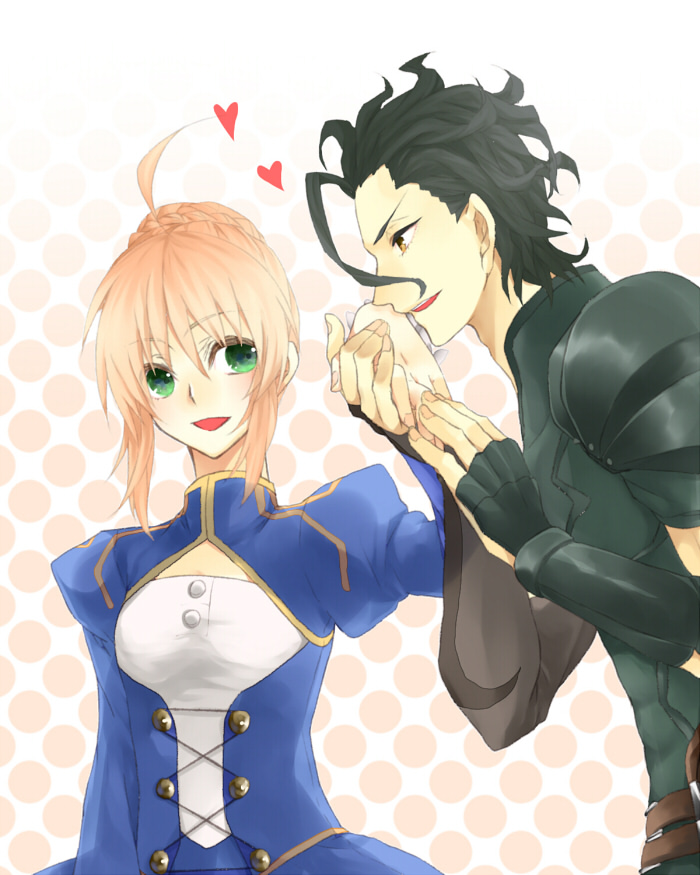 1boy, 1girl, ahoge, asagi-so, black_hair, blonde_hair, dress, fate/zero