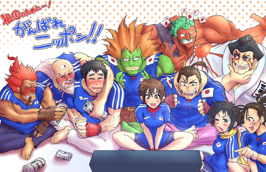 3girls, 6+boys, alcohol, asahi, asahi_(beer), beer, bike_shorts, black_hair