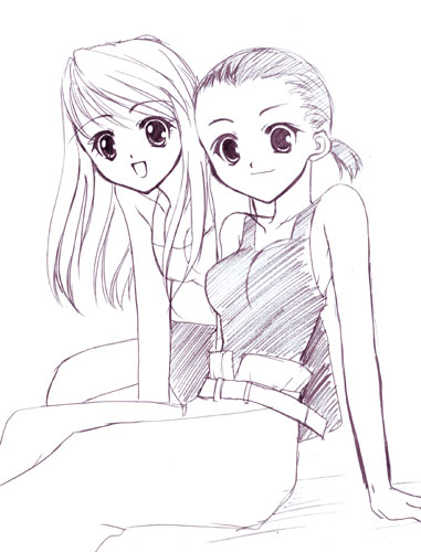 2girls, fullmetal_alchemist, long_hair, looking_at_viewer, lowres, monochrome, multiple_girls, paninya