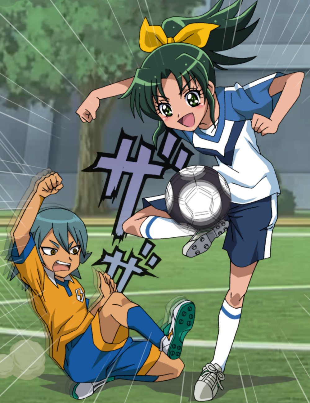 1boy, 1girl, ball, crossover, fukushima_masaru, green_eyes, green_hair, gym_shorts