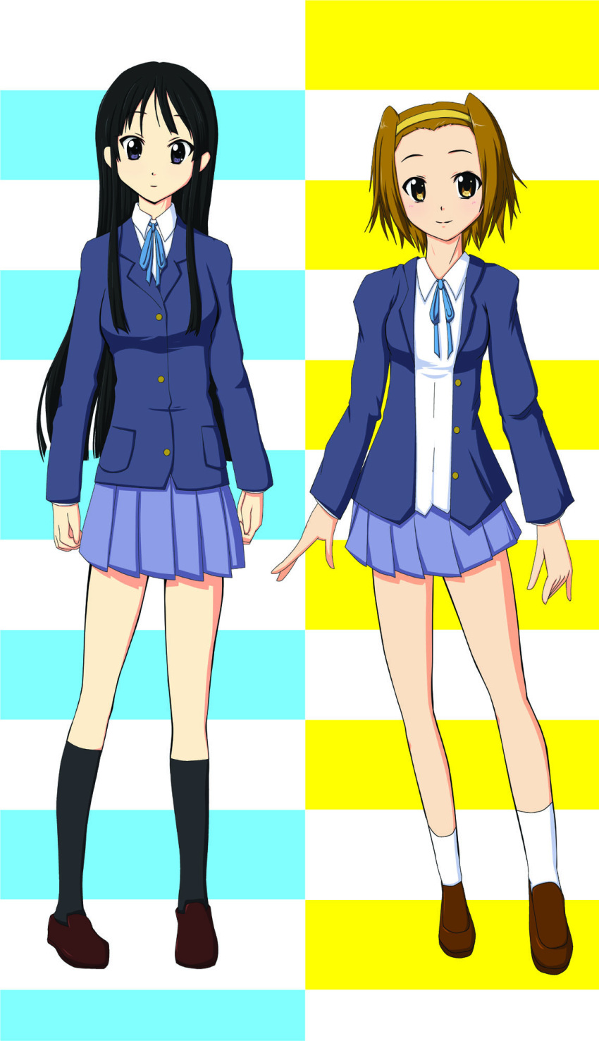 2girls, akiyama_mio, alternate_hairstyle, black_eyes, black_hair, blush, highres, hime_cut