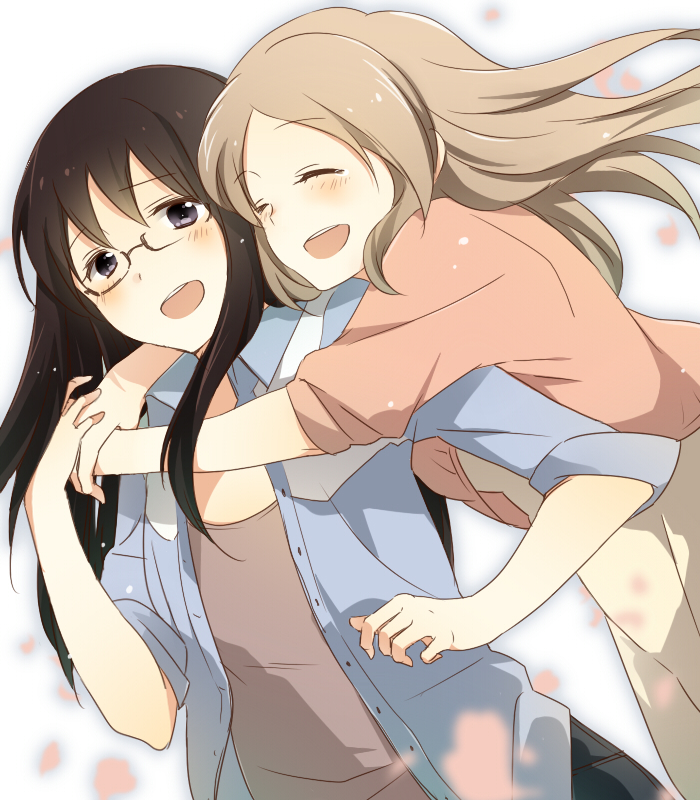 2girls, :d, ^_^, bad_id, black_hair, blonde_hair, closed_eyes, glasses
