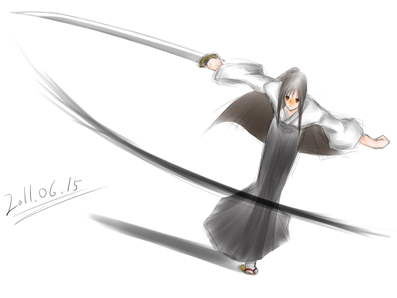 1girl, black_hair, blush, dated, hakama, inamori_yuzuru, japanese_clothes, katana, kohaku_emeralda, long_hair, maria_holic, ponytail, red_eyes, sandals, solo, sword, tabi, weapon, wide_sleeves