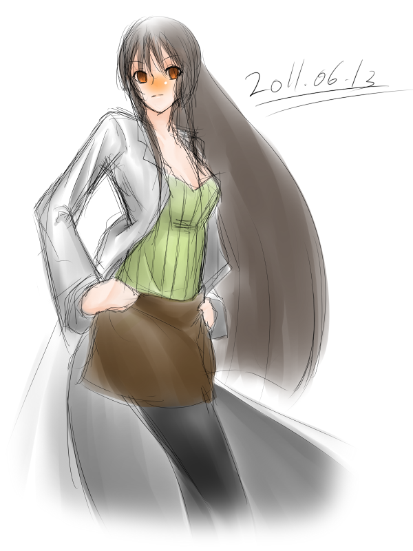 1girl, black_hair, dated, inamori_yuzuru, kohaku_emeralda, labcoat, long_hair, maria_holic, miniskirt, pantyhose, pencil_skirt, ponytail, red_eyes, sidelocks, skirt, solo, very_long_hair