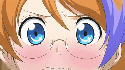 1boy, 1girl, andy_w_hall, animated, animated_gif, aquarion_(series), aquarion_evol, bag, beanie, blue_hair, blush, bow, breasts, cleavage, crossed_arms, glasses, grin, hair_bow, hat, lowres, magatama, mix_(aquarion), multicolored_hair, paper_bag, side_ponytail, smile, tomoe_(symbol), wavy_mouth, wide-eyed