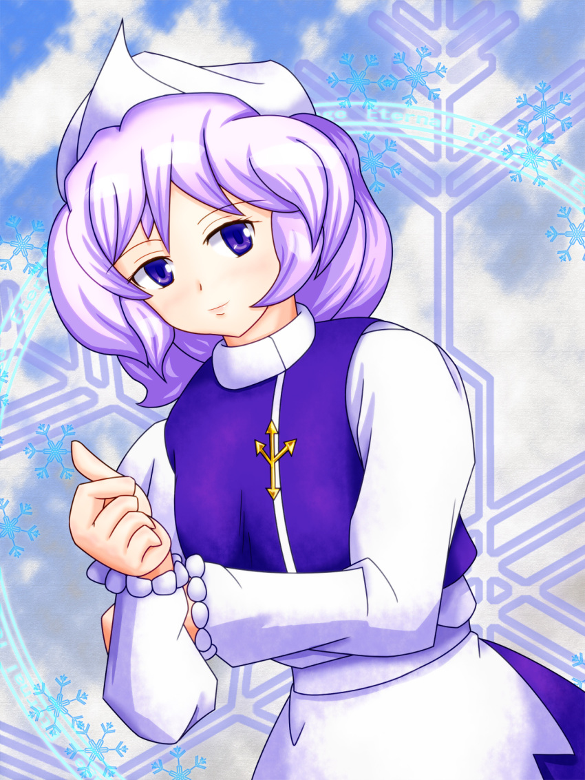 1girl, apron, arm_up, blue_sky, clothes_pin, clouds, crossed_arms, english, eyelashes, female, hat, high_collar, highres, lavender_hair, letty_whiterock, light_smile, lips, long_sleeves, looking_at_viewer, magic_circle, monononani, shirt, short_hair, skirt, sky, snowflakes, solo, touhou, vest, violet_eyes