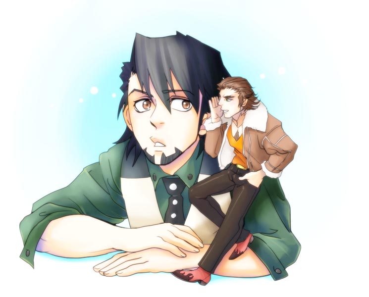 2boys, black_hair, brown_eyes, brown_hair, chest_hair, facial_hair, green_eyes, kaburagi_t_kotetsu, kandagawa, miniboy, multiple_boys, necktie, rock_bison, stubble, tiger_&amp;_bunny, vest, waistcoat, watch, watch