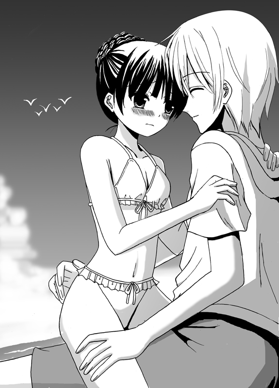 1boy, alternate_hairstyle, bad_id, bikini, blush, braid, casual, couple