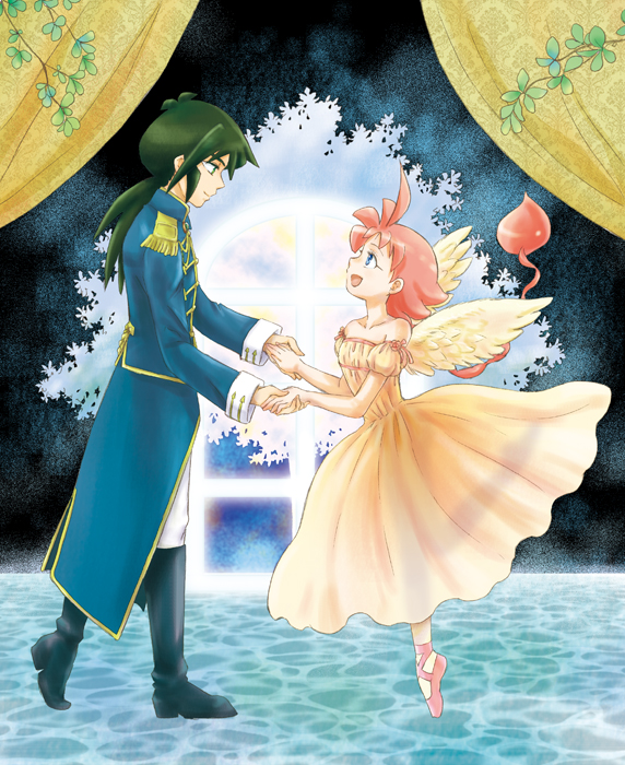 00s, 1boy, 1girl, ahiru, ahoge, ballet, ballet_slippers, bare_shoulders