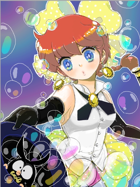 bow, braid, bubble, cosplay, earrings, elbow_gloves, face, genderswap, gloves, hair_bow, hat, hat_tip, hibiki_ryouga, hoshino_lala, jewelry, magical_emi, magical_emi_(cosplay), magical_girl, mahou_no_star_magical_emi, p-chan, pantyhose, parody, ranma-chan, ranma_1/2, red_hair, redhead, ribbon, saotome_ranma, single_braid, sleeveless_shirt, top_hat
