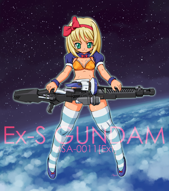aqua_eyes, blonde_hair, bow, bra, ex-s_gundam, gundam, gundam_sentinel, hair_bow