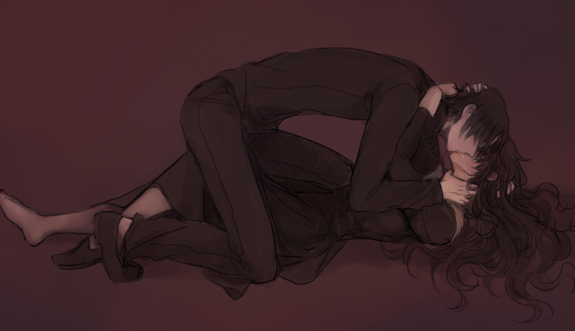 1boy, 1girl, bad_id, black_dress, brown_hair, deung, dress, drooling, fate/stay_night, fate/zero, fate_(series), genderswap, kiss, kotomine_kirei, long_hair, simple_background, tohsaka_tokiomi, toosaka_tokiomi, wavy_hair