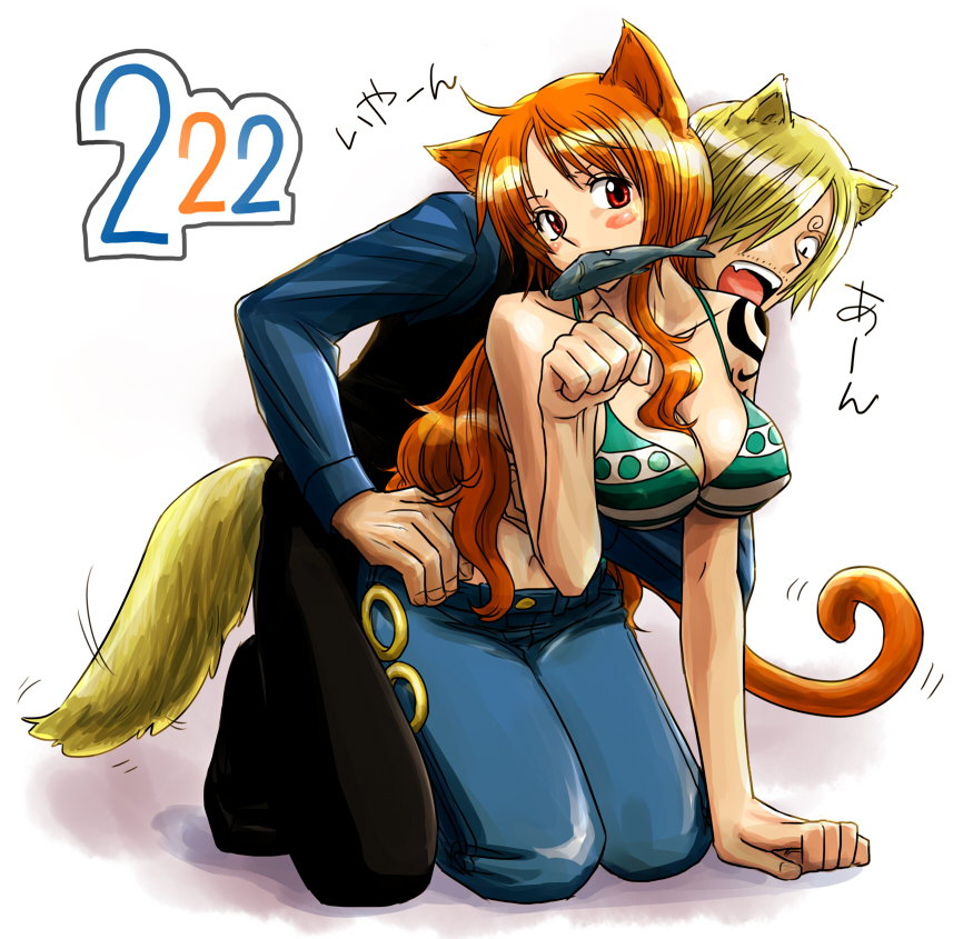 1boy, 1girl, all_fours, animal_ears, bikini_top, blonde_hair, blush, blush_stickers