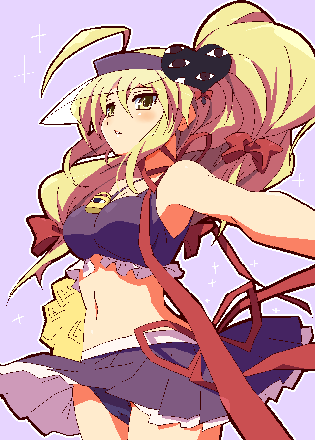 9law, alternate_hairstyle, amulet_heart, amulet_heart_(cosplay), bare_shoulders, blonde_hair, cosplay, hinamori_amu, hinamori_amu_(cosplay), magical_girl, midriff, oekaki, parody, ponytail, shugo_chara!, solo, touhou, visor, visor_cap, wind_lift, yakumo_yukari, yellow_eyes