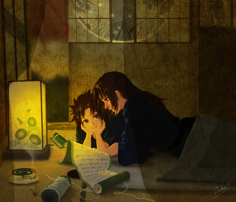 2boys, black_eyes, black_hair, brothers, chin_rest, lantern, luke_uehara, lying