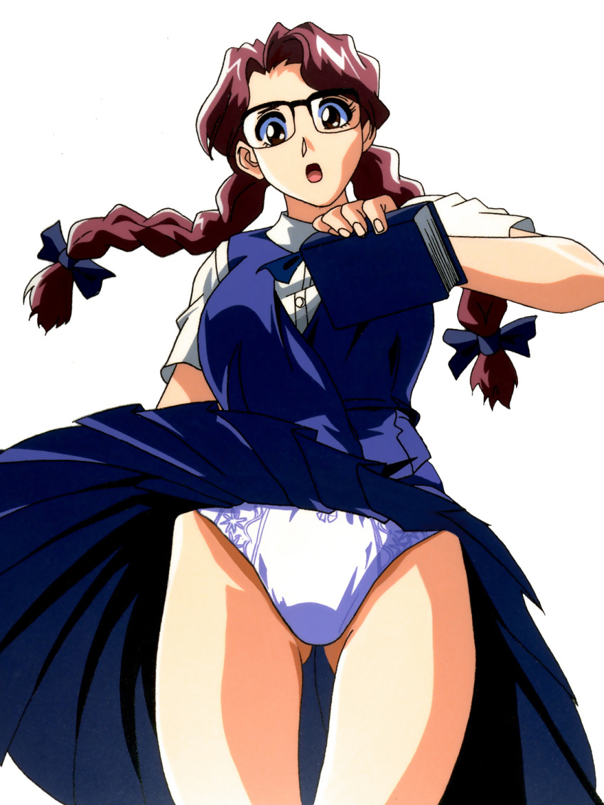 1girl, 90s, :o, asami_junko, book, bow, bow_panties, braid