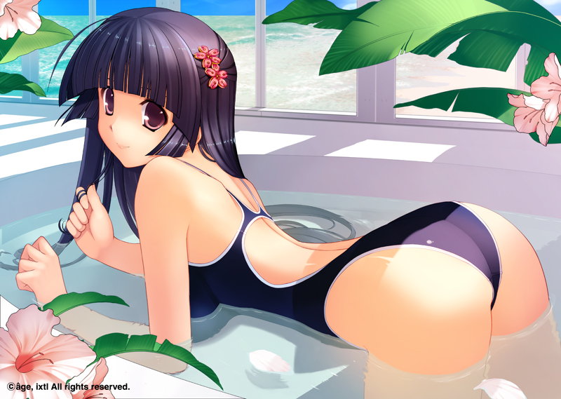1girl, ass, bathtub, competition_swimsuit, flower, hair_flower, hair_ornament, hair_twirling