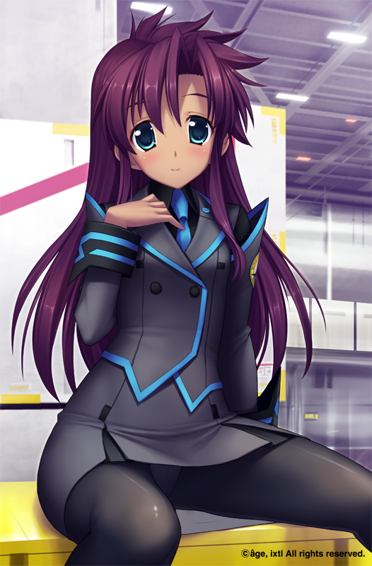 1girl, black_legwear, dark_skin, green_eyes, himukai_kyousuke, long_hair, melvina_advani, muvluv, muvluv_alternative, panties, panties_under_pantyhose, pantyhose, purple_hair, sitting, smile, solo, underwear, uniform