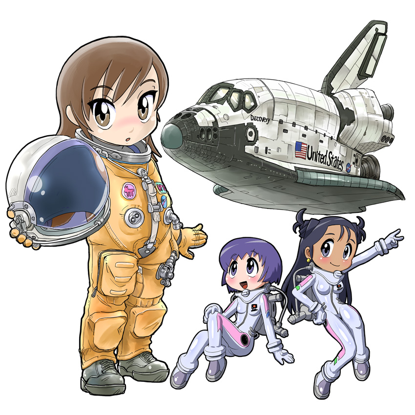 3girls, :o, astronaut, bodysuit, brown_eyes, brown_hair, chibi, earrings