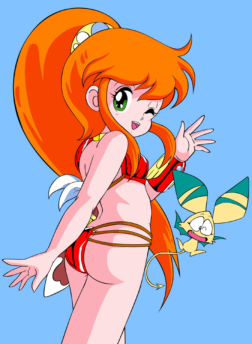 1girl, 80s, armor, ass, bare_shoulders, bikini_armor, caron_(rall), cream_lemon