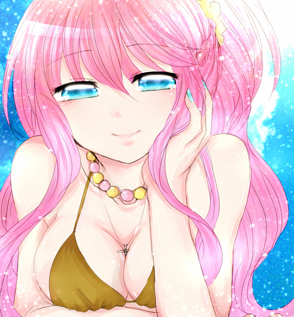 1girl, bare_shoulders, bikini, bikini_top, blue_eyes, breasts, cleavage, cross
