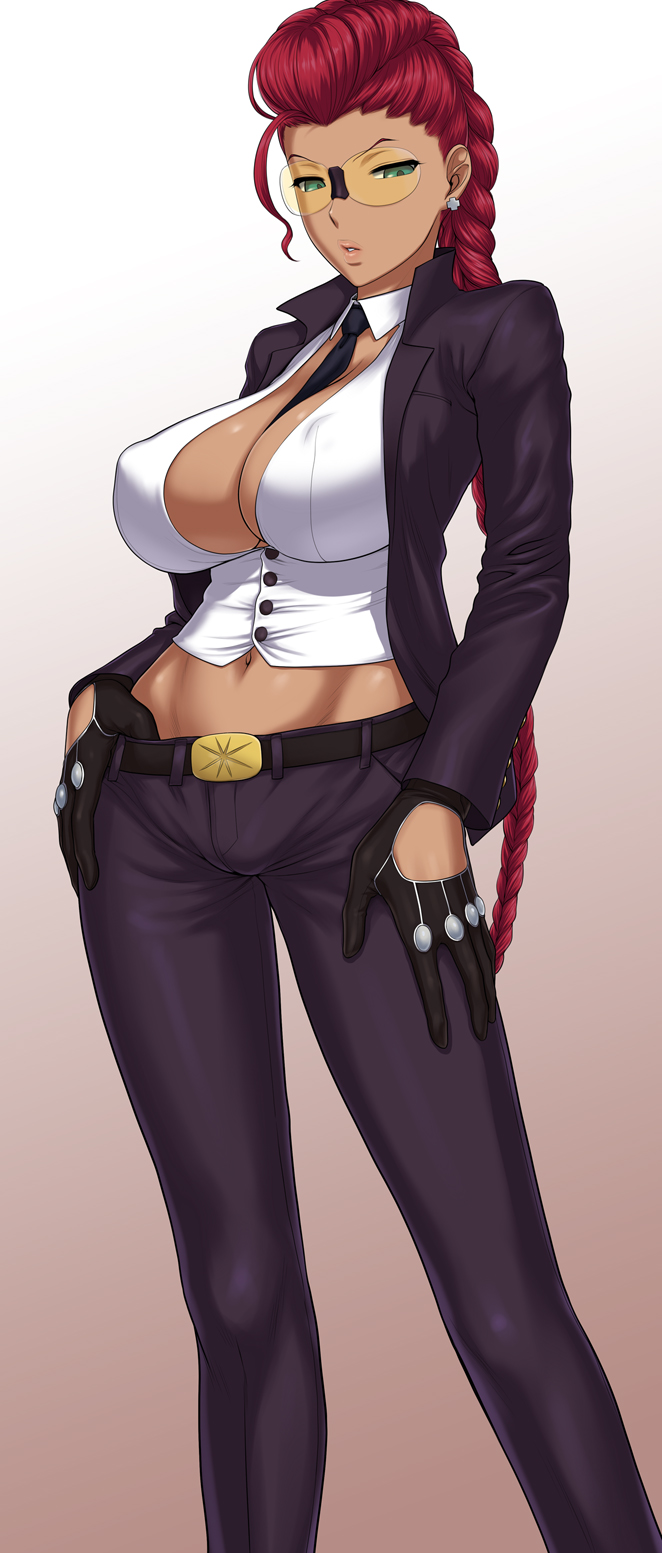 1girl, belt, between_breasts, braid, breasts, capcom, cleavage, crimson_viper