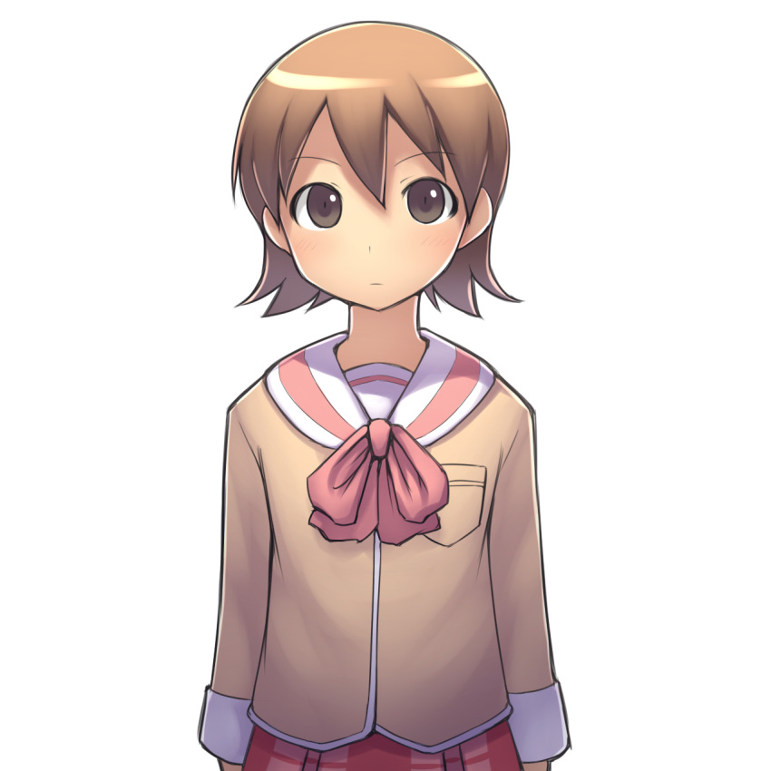1girl, aaaa, aioi_yuuko, blush, brown_eyes, brown_hair, highres, nichijou, school_uniform, short_hair, skirt, solo