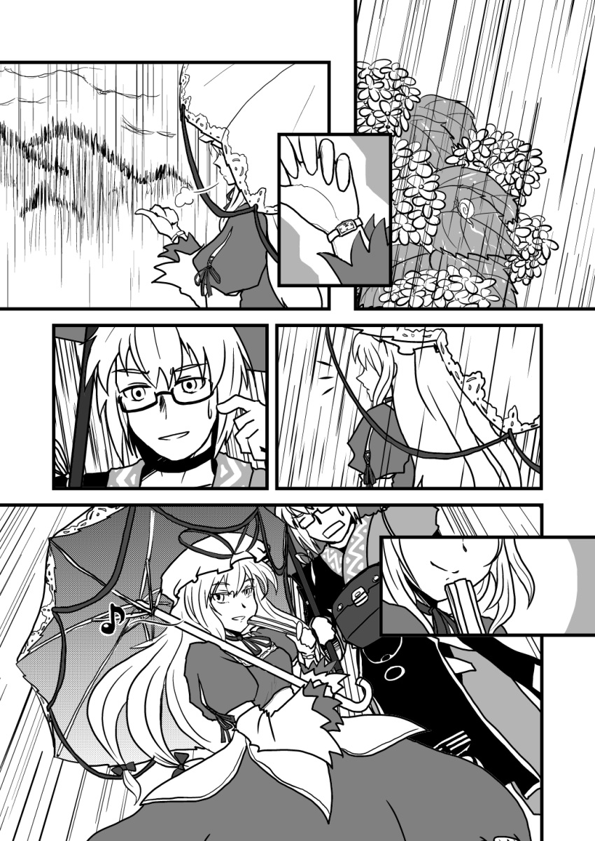 1boy, 1girl, bow, comic, dress, flower, glasses, hat, highres, hydrangea, long_hair, low, monochrome, morichika_rinnosuke, musical_note, open_mouth, rain, sigh, smile, sweatdrop, touhou, umbrella, watch, yakumo_yukari